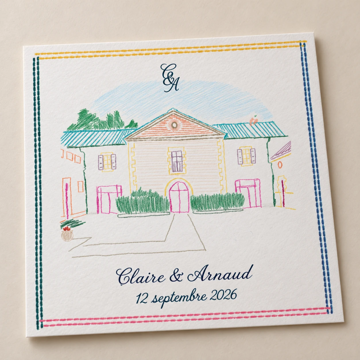 Faire-part de mariage Claire et Arnaud, dessin du lieu aux crayons de couleur, imprimé sur papier épais