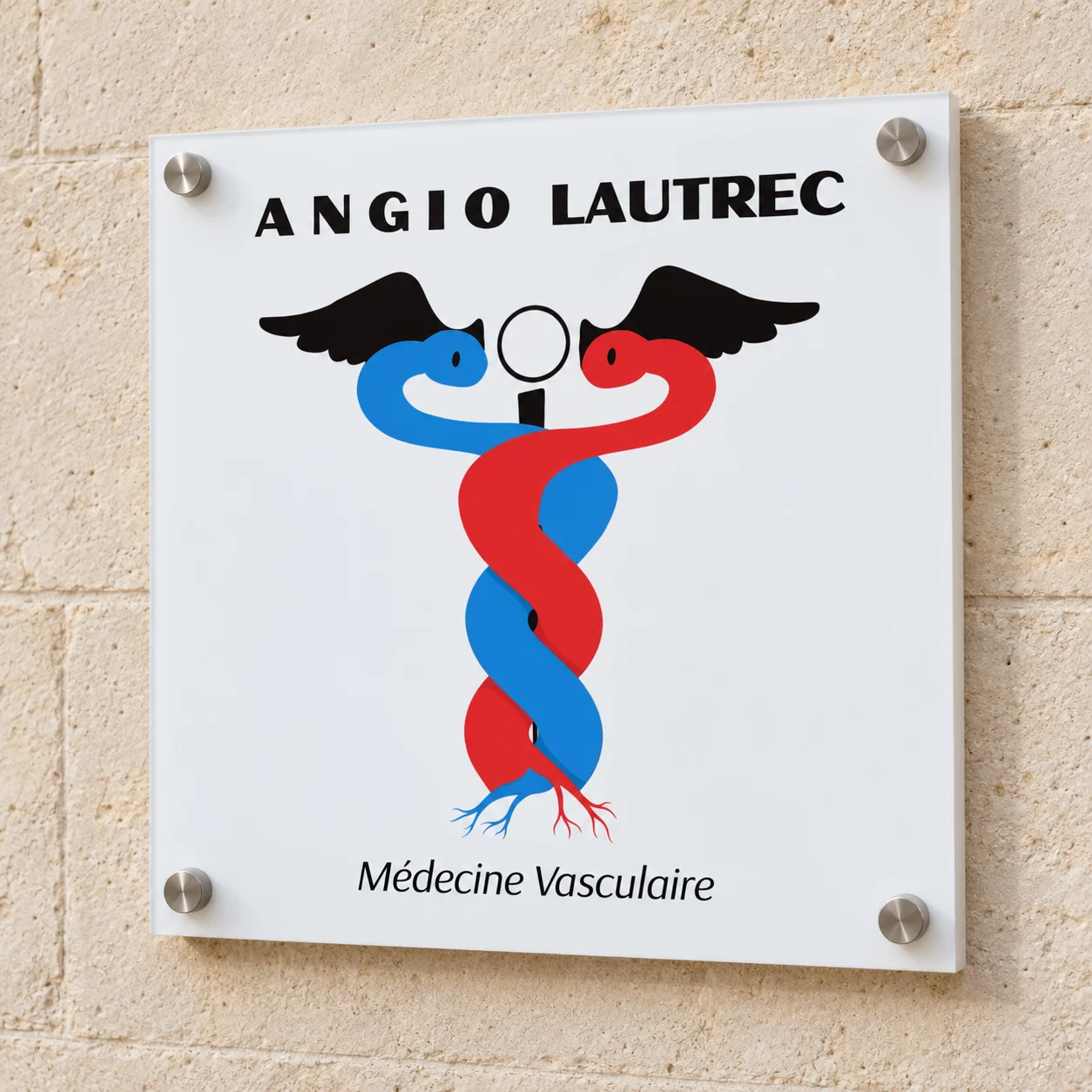 Plaque ANGIOLAUTREC, médecine vasculaire, sur un mur en pierre
