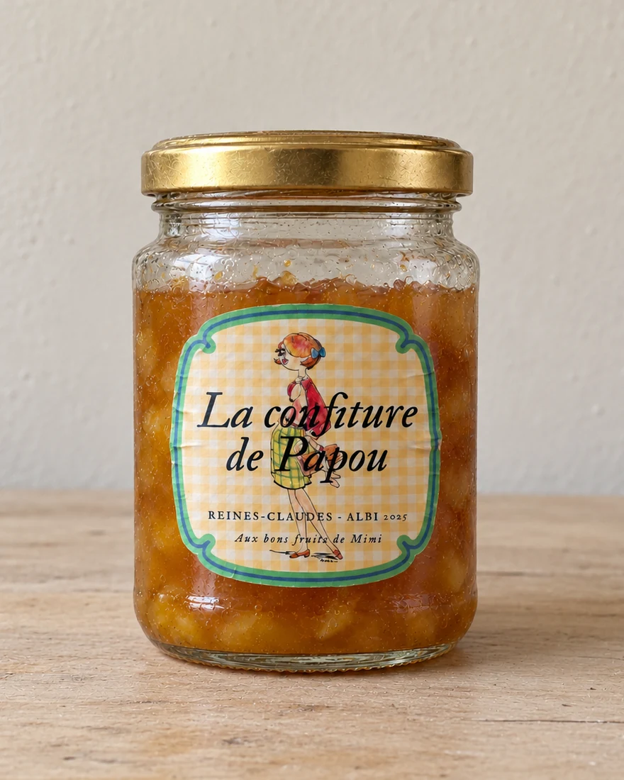 Pot de La confiture de Papou posé sur une table en bois